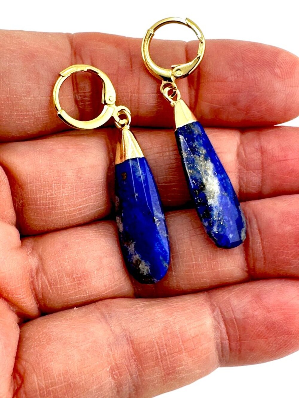 Lapis Lazuli Teardrop Earrings Gold Filled Hoops Blue Gemstone Dangle 1.75" - Picture 4 of 11